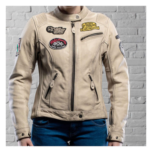 Chaqueta Moto Piel Mujer Holy Freedom Problem Blanco-Rojo - URA Moto