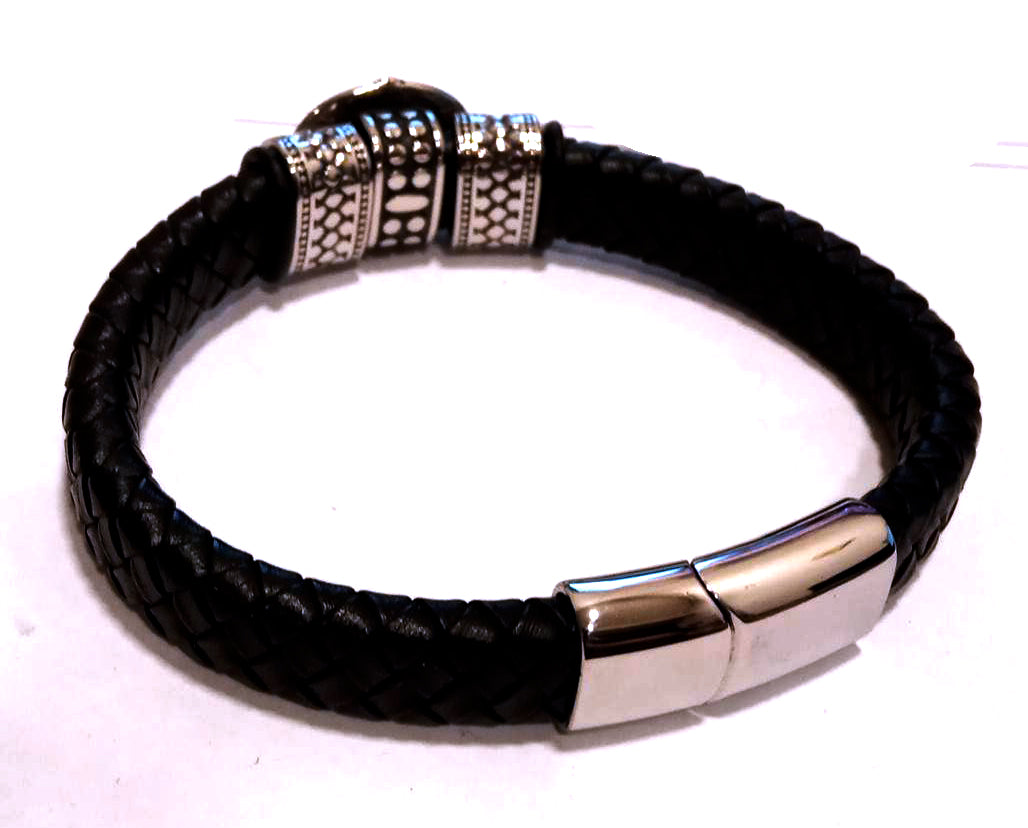 Pulsera Acero Piel Hebilla Central Cruz Catara Abalorios