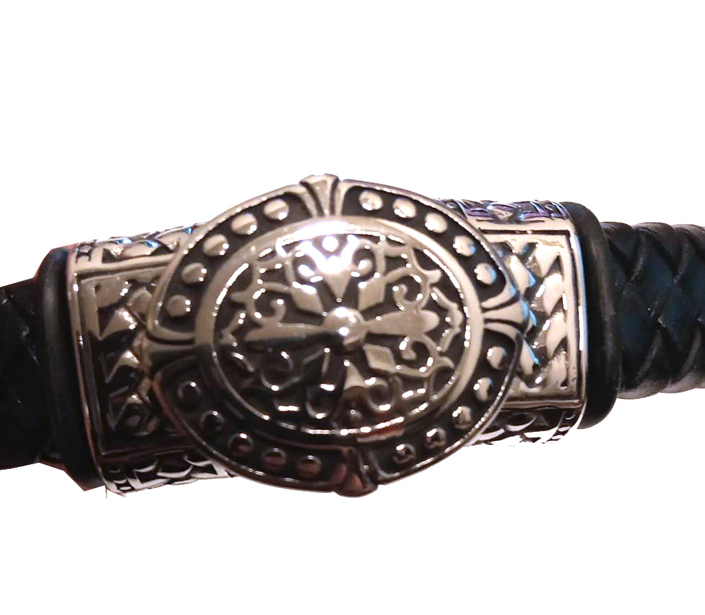 Pulsera Acero Piel Hebilla Central Cruz Catara Abalorios