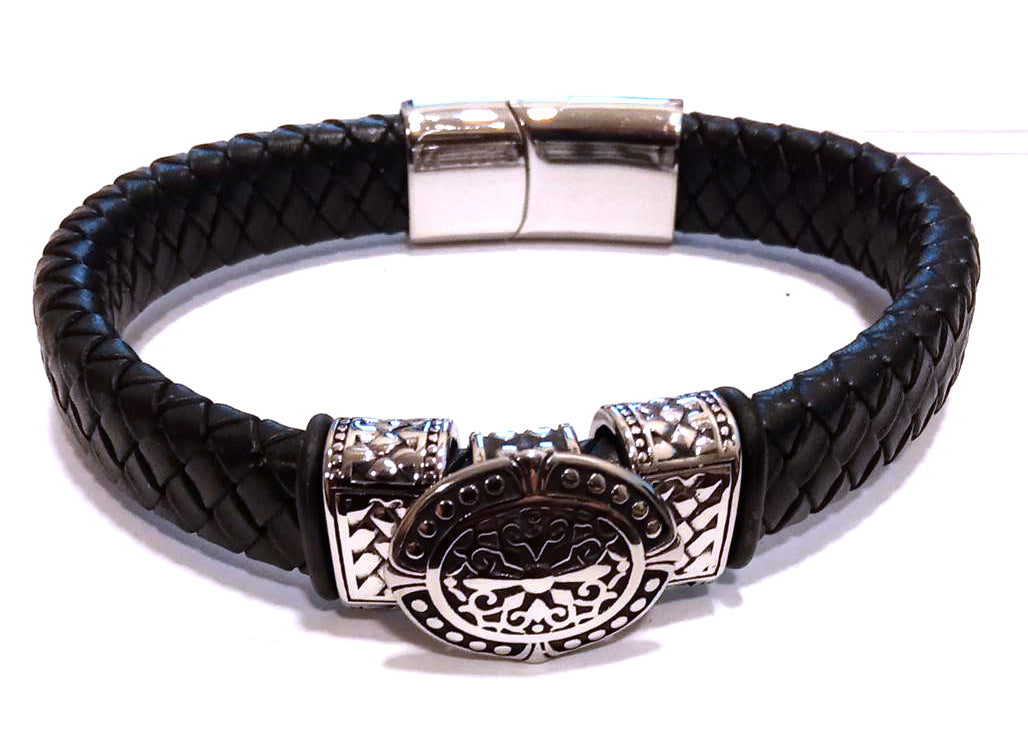 Pulsera Acero Piel Hebilla Central Cruz Catara Abalorios
