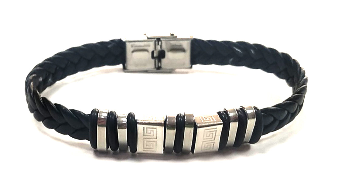 Pulsera Acero Cuero Abalorio Grabado Egipcio