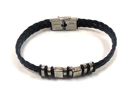 Pulsera Acero Cuero Abalorio Grabado Egipcio