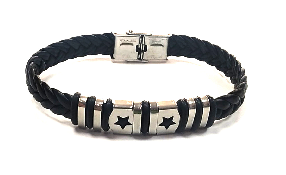 Pulsera Acero Cuero Abalorio Dos Estrellas vacias