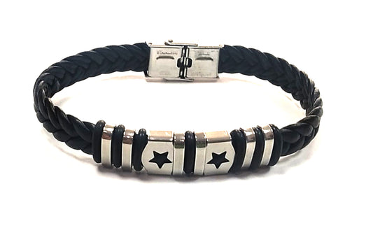 Pulsera Acero Cuero Abalorio Dos Estrellas vacias