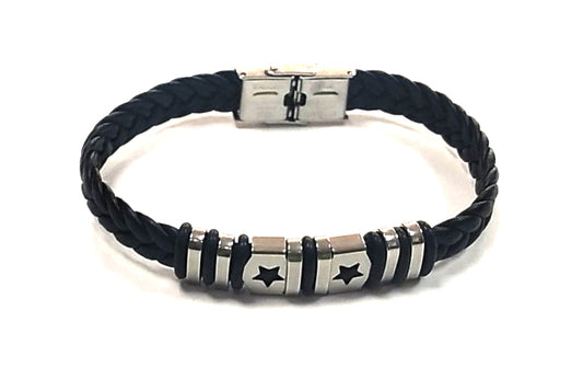 Pulsera Acero Cuero Abalorio Dos Estrellas vacias