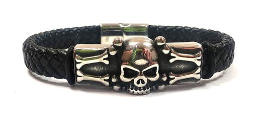Pulsera Acero Cuero Plano Trenzado Calavera Placa Tibias