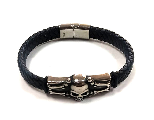Pulsera Acero Cuero Plano Trenzado Calavera Placa Tibias