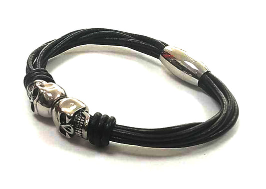 Pulsera Acero Cuero Multicuerda Negra Dos Calaveras - URA Moto