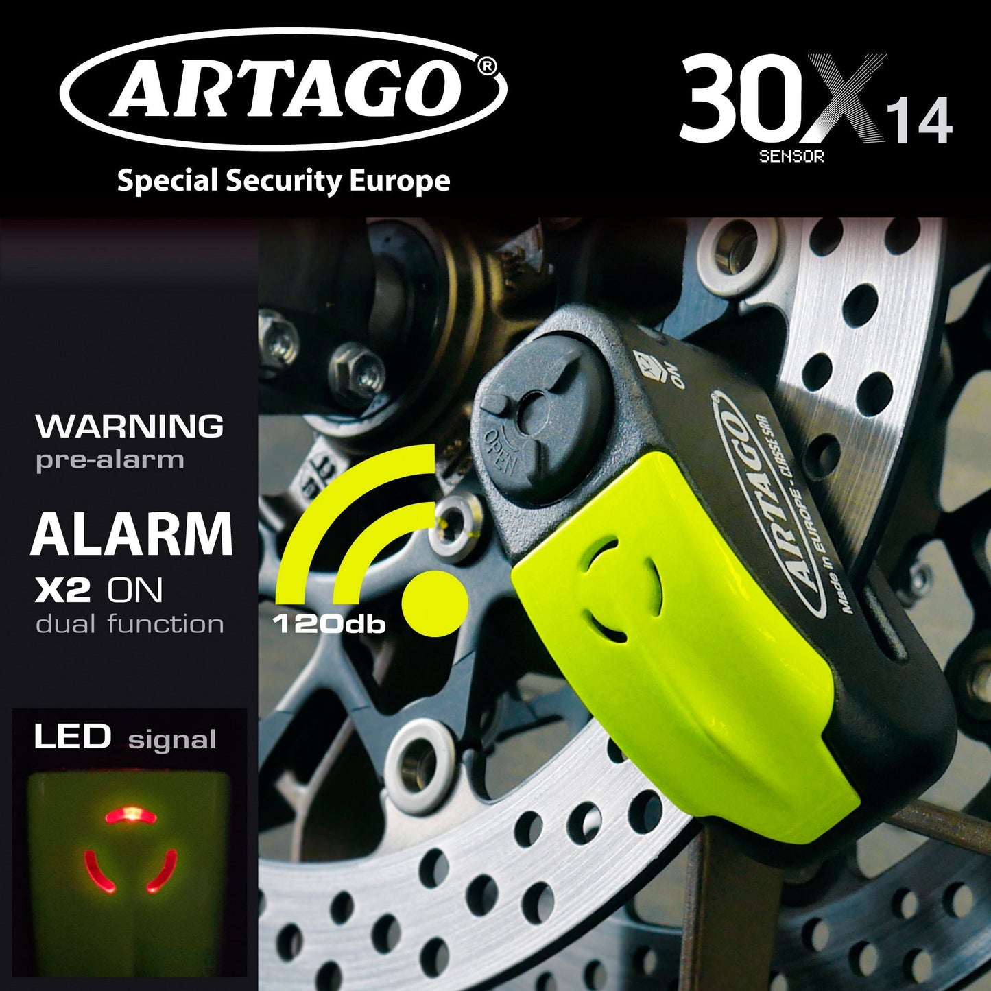 Antirrobo Alarma Disco Moto Artago 30X14 - URA Moto