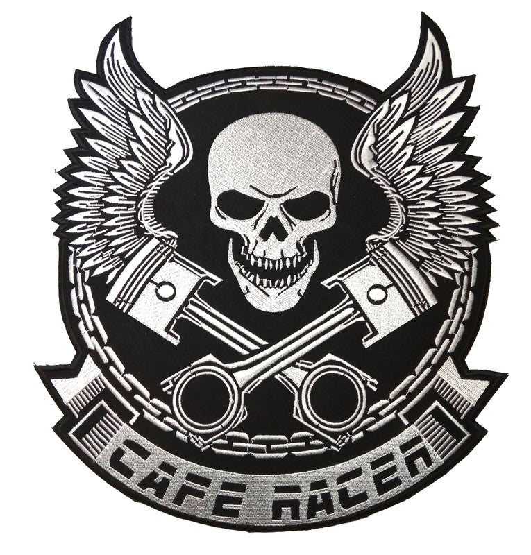 Parche Bordado Cafe Racer Calavera Alas Pistones - URA Moto