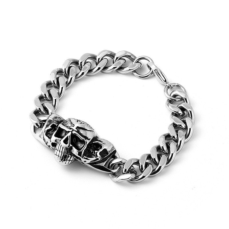 Pulsera Acero Ancha Calavera con Calaveras laterales - URA Moto