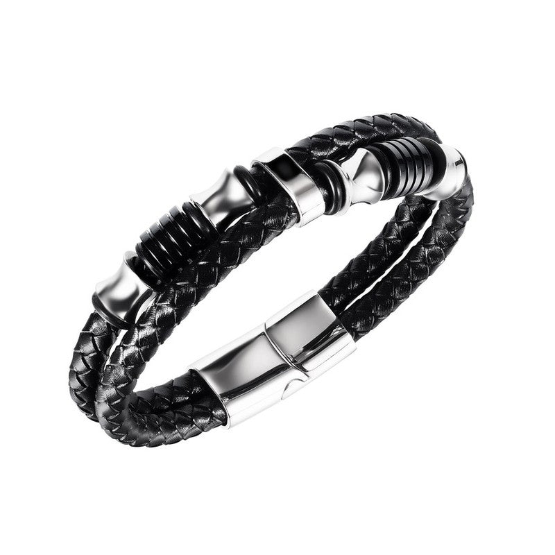 Pulsera Acero Piel Abalorios Rallas Centrales Negra - URA Moto