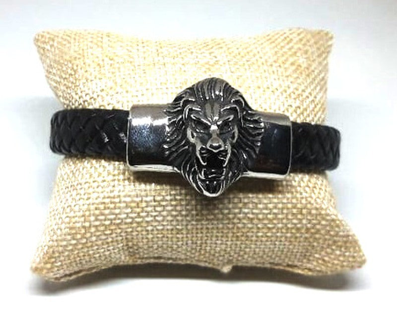 Pulsera acero piel Cabeza León (19cm) - URA Moto
