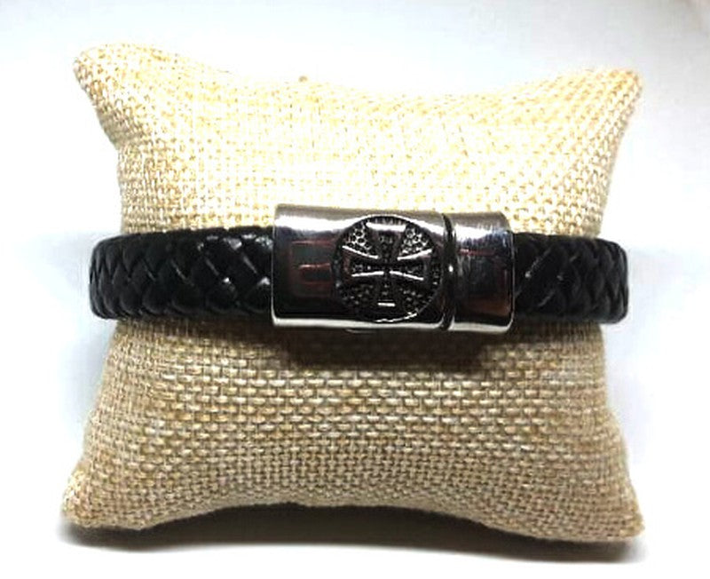 Pulsera acero piel Cruz Templaria redonda (19cm) - URA Moto