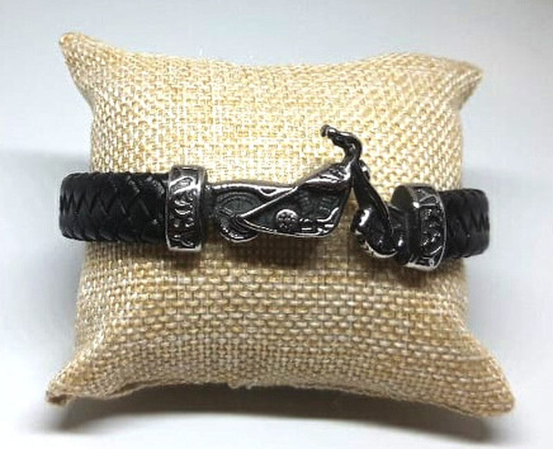Pulsera acero piel negra Moto (19cm) - URA Moto