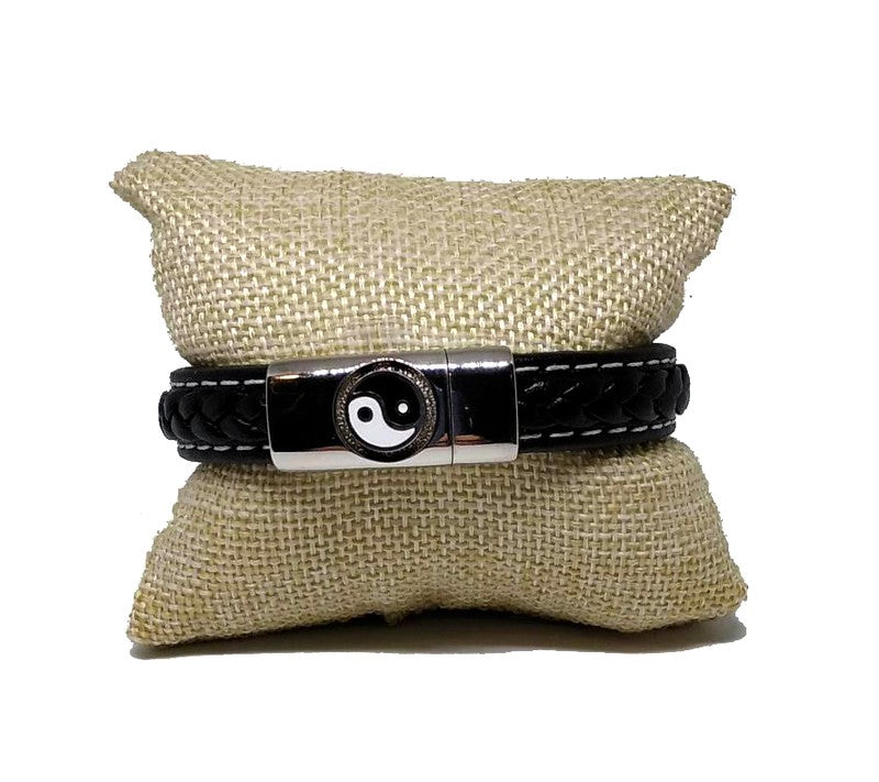 Pulsera Acero Piel Trenza Yin Yang (17cm) - URA Moto