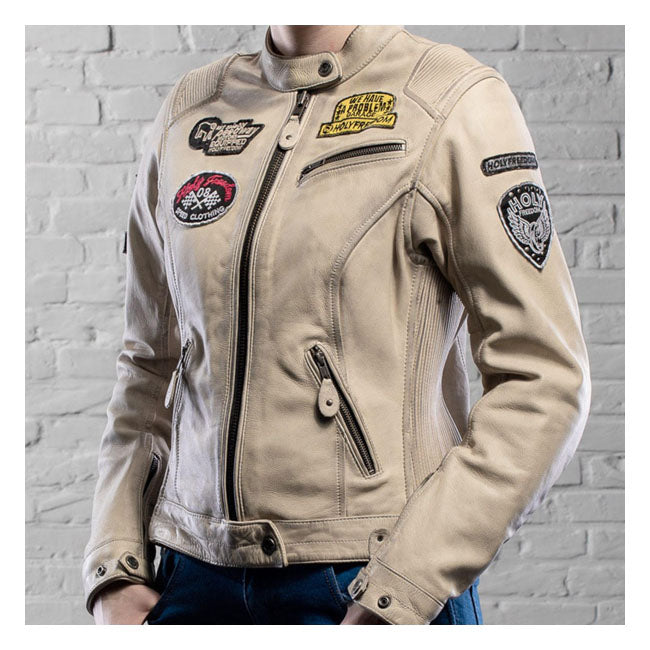 Chaqueta Moto Piel Mujer Holy Freedom Problem Blanco-Rojo - URA Moto
