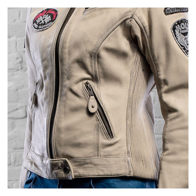 Chaqueta Moto Piel Mujer Holy Freedom Problem Blanco-Rojo - URA Moto