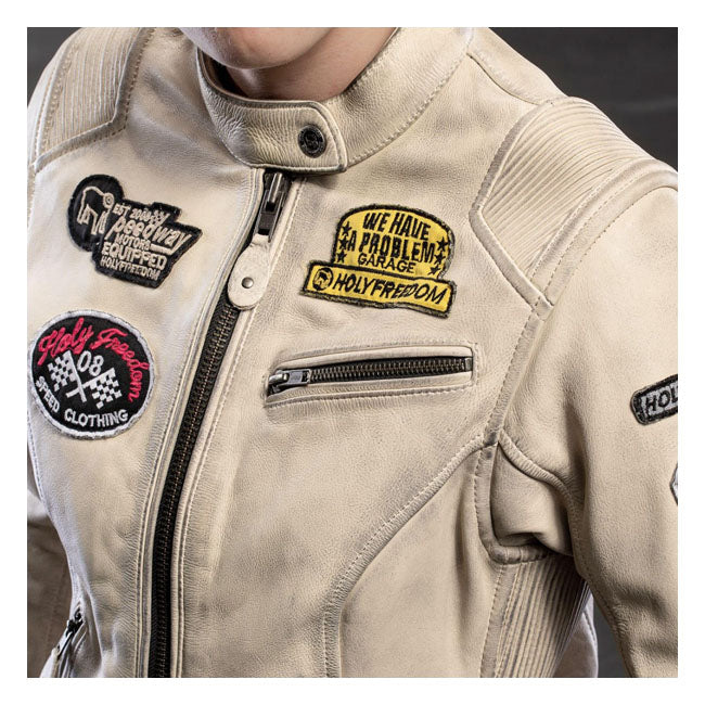 Chaqueta Moto Piel Mujer Holy Freedom Problem Blanco-Rojo - URA Moto
