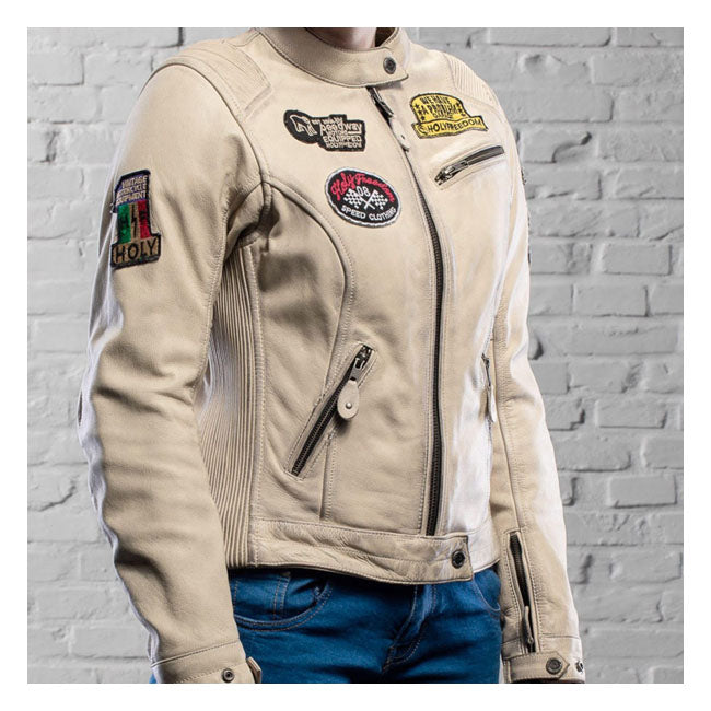 Chaqueta Moto Piel Mujer Holy Freedom Problem Blanco-Rojo - URA Moto