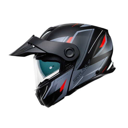 Casco Modular Adventure CMS SUV INTEGRA ADV RED MT – Híbrido Trail con Gráfica Técnica, Visera, Visor Solar y ECE 22.06