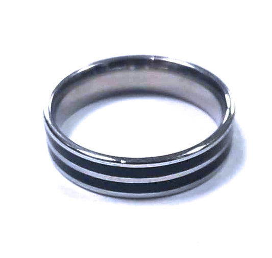Anillo Acero Alianza Doble Raya Negra