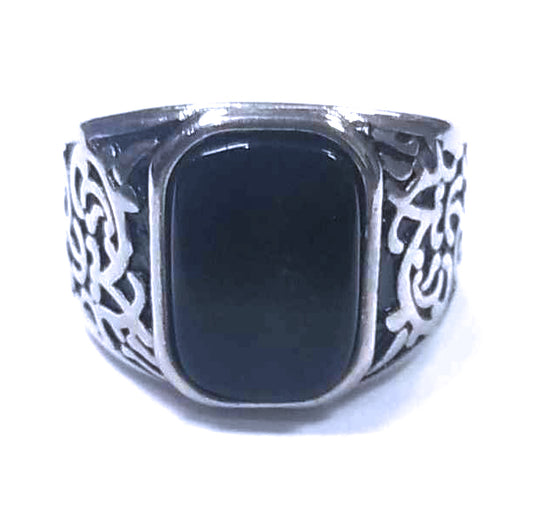 Anillo Acero Sello Negro Labrado Lateral