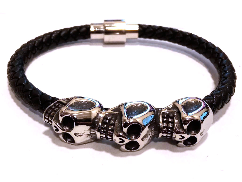 Pulsera Acero Piel Tres Calaveras - URA Moto