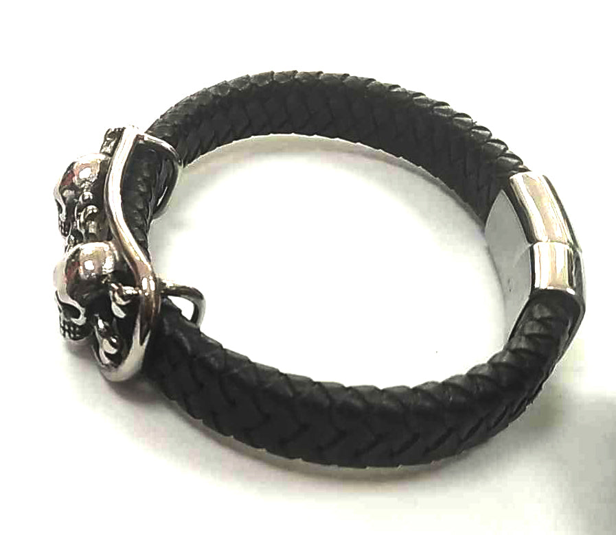 Pulsera acero piel calaveras piratas (19cm) - URA Moto