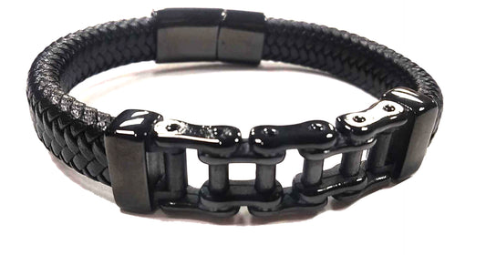 Pulsera Acero Cuero Cadena Negra Central - URA Moto