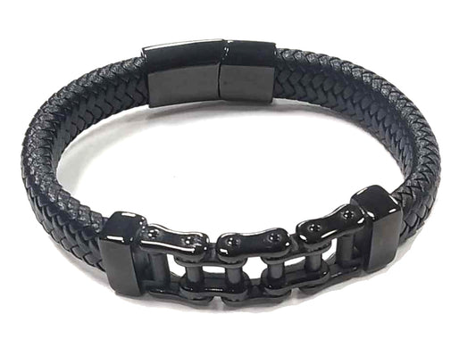 Pulsera Acero Cuero Cadena Negra Central - URA Moto