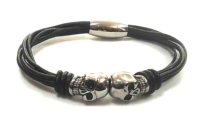 Pulsera Acero Cuero Multicuerda Negra Dos Calaveras - URA Moto