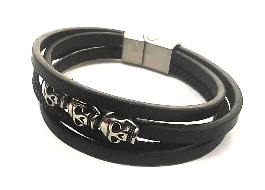 Pulsera Acero Cuero Multiple Tres Calaveras - URA Moto