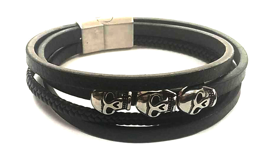 Pulsera Acero Cuero Multiple Tres Calaveras - URA Moto