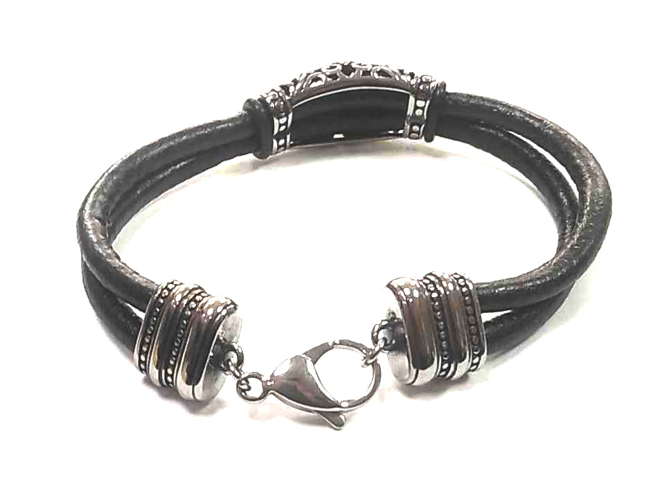 Pulsera Acero Cuero Cruz Central Espada - URA Moto