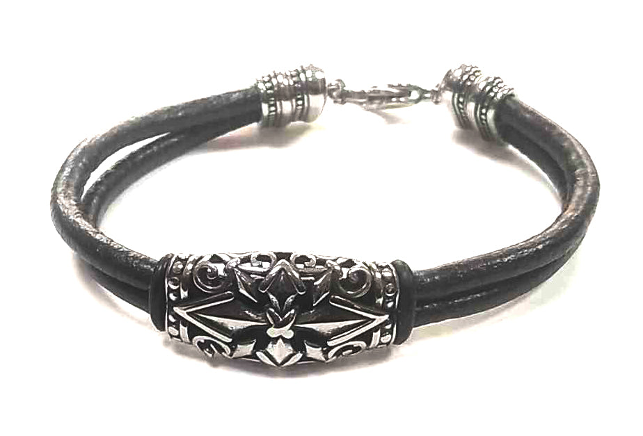 Pulsera Acero Cuero Cruz Central Espada - URA Moto