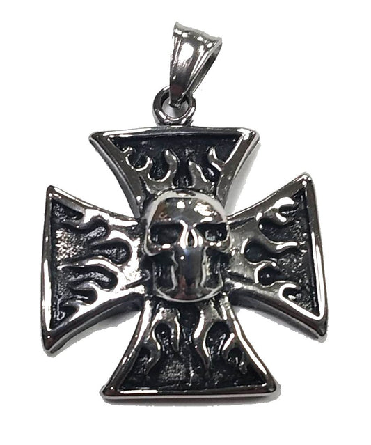 Colgante acero Cruz Calavera en Medio Llamas - URA Moto