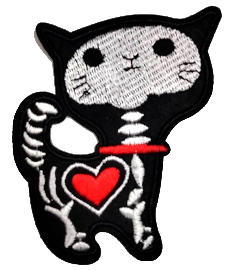 Parche Bordado Gato Esqueleto Corazón - URA Moto