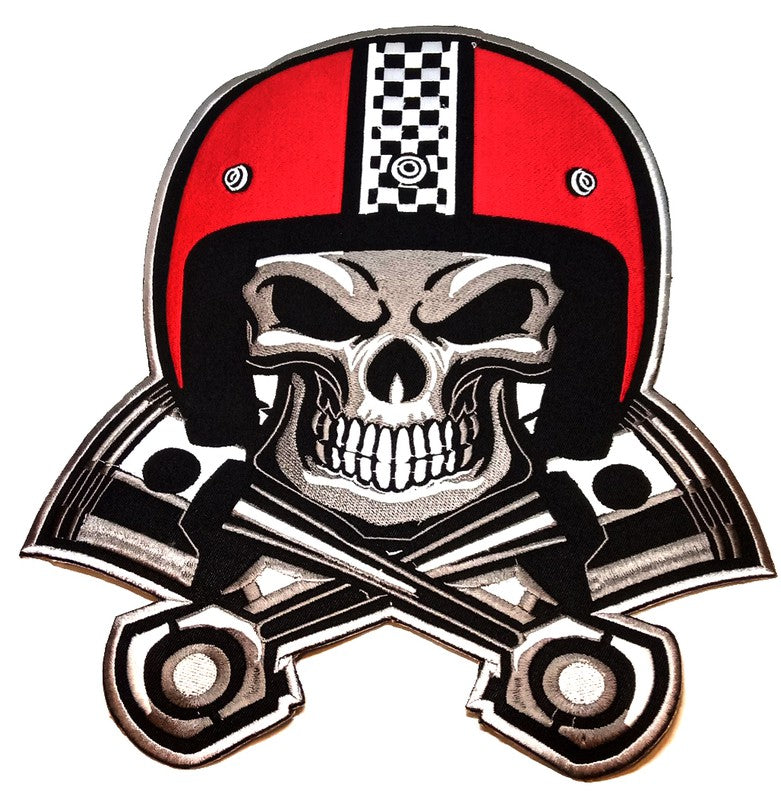 Parche Bordado Calavera Casco Cuadros Racing Pistones - URA Moto