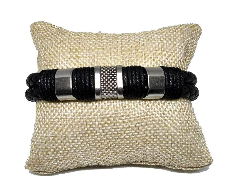 Pulsera Acero Abalorios Rallados Central Dos Cordones (18cm) - URA Moto