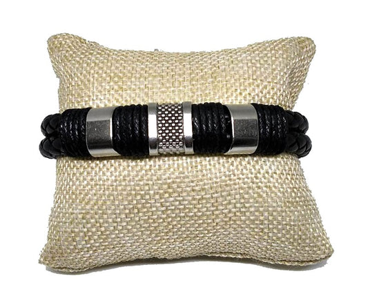 Pulsera Acero Abalorios Rallados Central Dos Cordones (18cm) - URA Moto