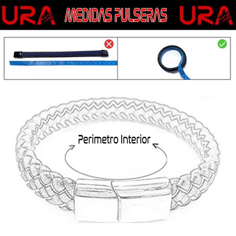 Pulsera Acero Abalorios Rallados Central Dos Cordones (18cm) - URA Moto