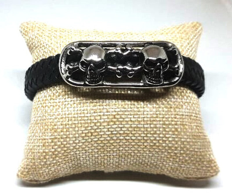 Pulsera acero piel calaveras piratas (19cm) - URA Moto
