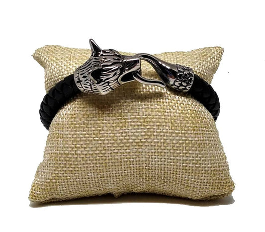 Pulsera Acero Piel Lobo Cierre Cola (18cm) - URA Moto