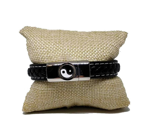 Pulsera Acero Piel Trenza Yin Yang (17cm) - URA Moto